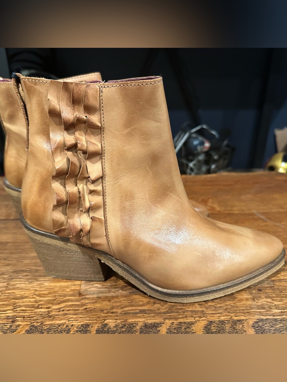 Women's Tan Leather Ankle Booties with Ruffle Side Detail - Picture 2 of 8
